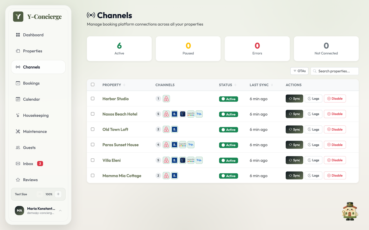 Y-Concierge channel connections by property, including Agoda and Trip.com, with sync status and last update